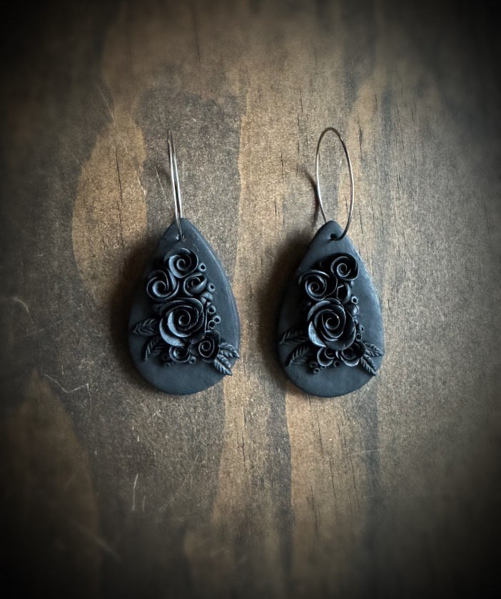 Handmade Polymer Clay Black Rose Arrangement Earrings