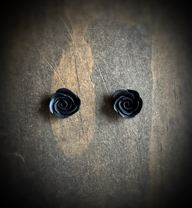 Handmade Polymer Clay Black Rose Earrings